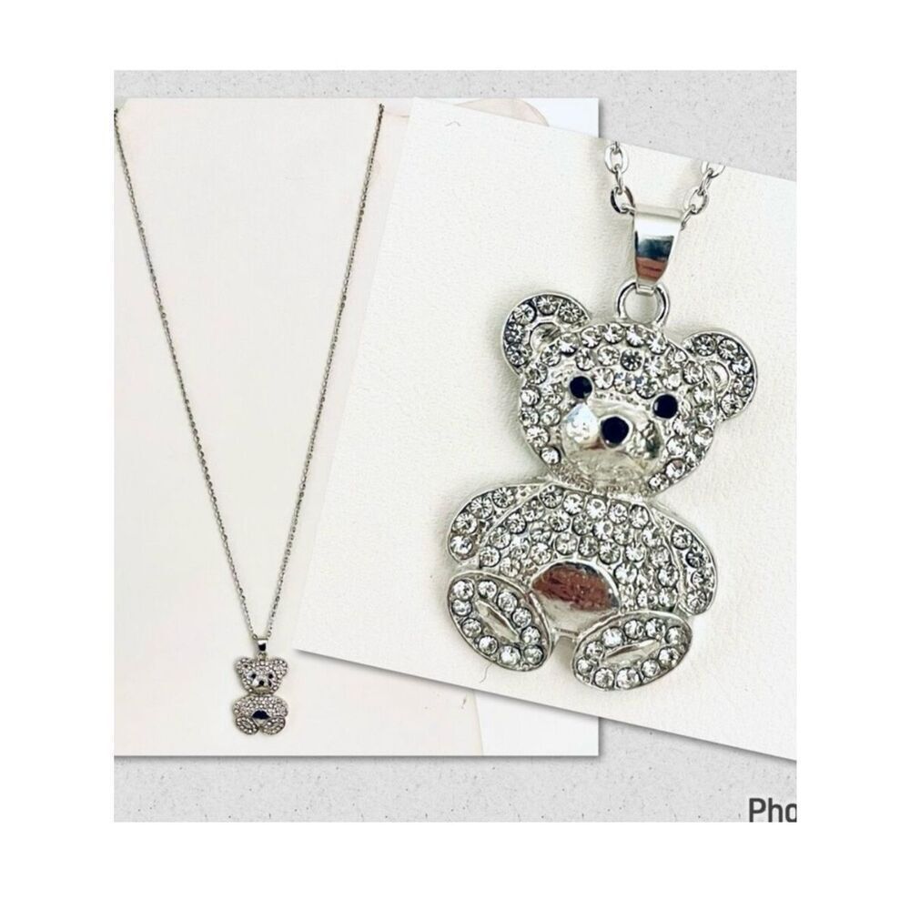 NWT Gorgeous Silver Teddy Bear Long Chain Bling Bling White Rhinestones Necklace